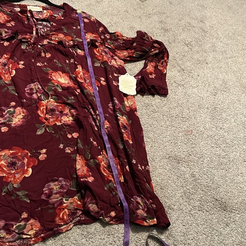 Altard State Burgundy Floral‎ Ruffle Lace Sleeve Tunic Dress Size L - Picture 7 of 8